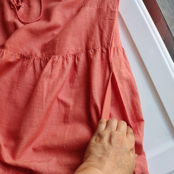 Tiered Lace-Up Mini Swing Dress Eyelet Floral Hem Coral Long Sleeve M. - Picture 10 of 17